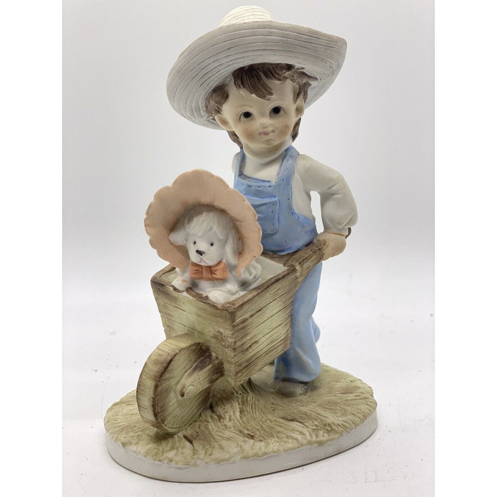 Lefton Figurine Little Country Boy Pushing a Bonnet Wearing Sheep In A Barrel